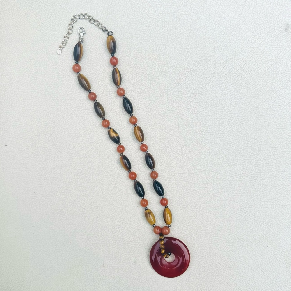 Vintage Polished Tiger’s Eye & Carnelian Necklace, Gold Stone Jewelry (GSJ) Corp